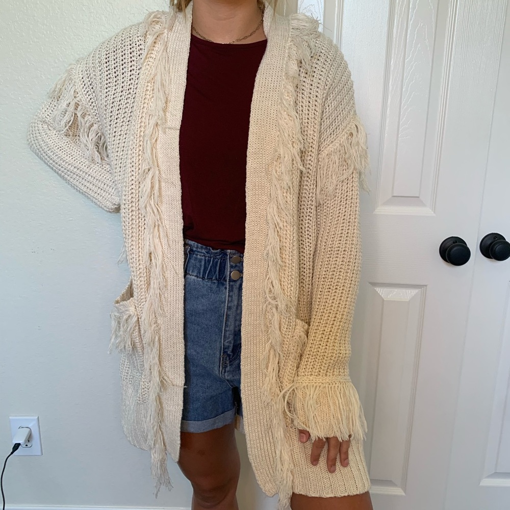 White fringe sweater cardigan